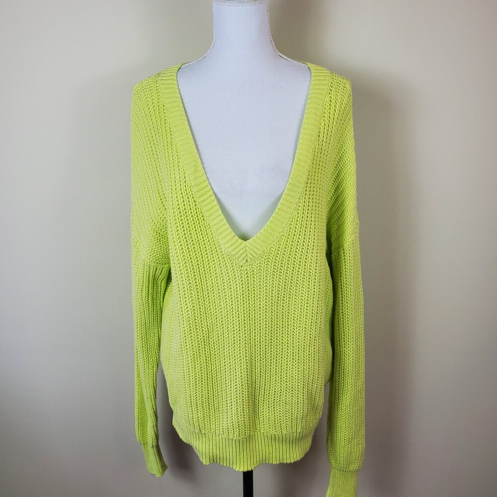 PINK Womens Sweater L Neon Bright Green Deep V Neck Pullover Large Relaxed VS